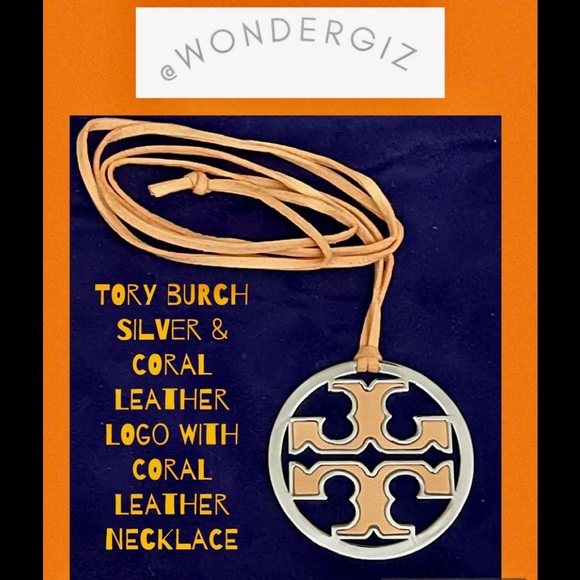Authentic Tory Burch Silver & Coral Leather Logo With Coral Leather Necklace - Picture 11 of 11